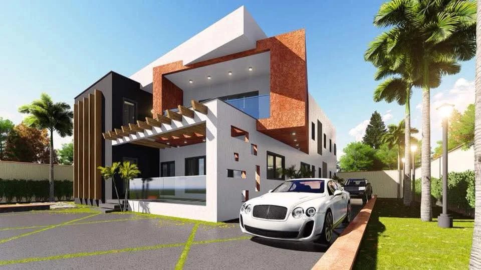 White house with a copper-coloured panel, timber fins and a glass balustrade