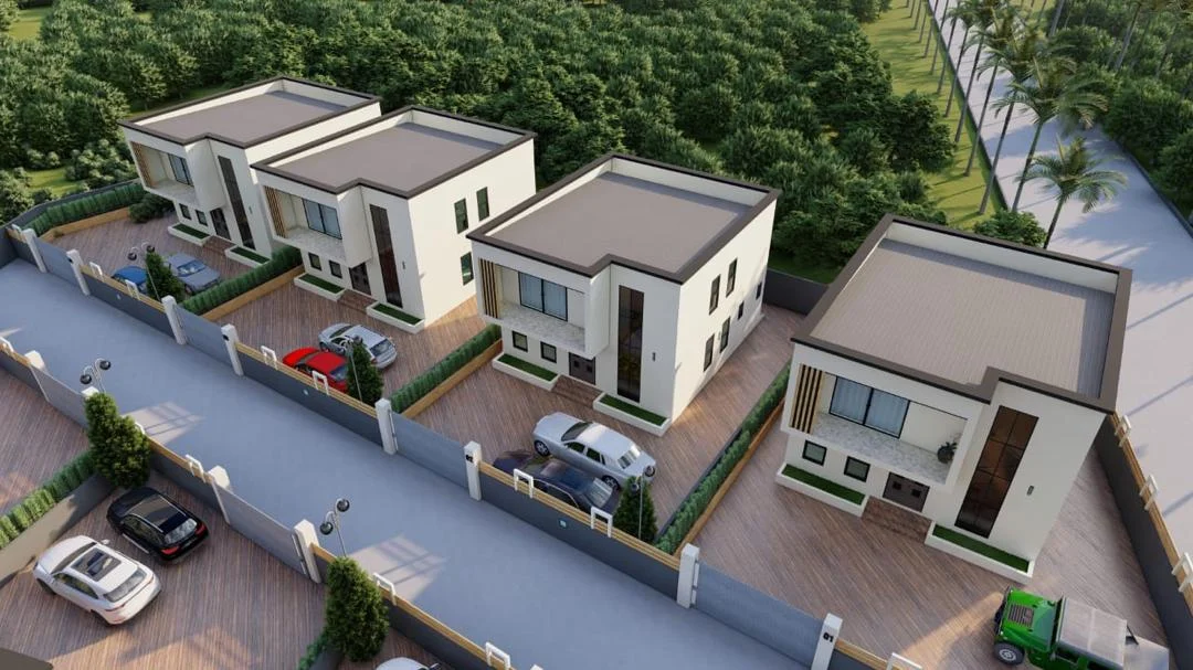 Visualisation of four white two-storey houses in a gated cluster